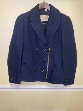 Burberry Navy Double-Breasted Peacoat with Gold Zip Accent
